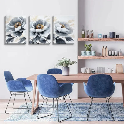 3pcs Elegant Peony Floral White and Golden Metal Print Ready to Hang Art - Bella Home Decor