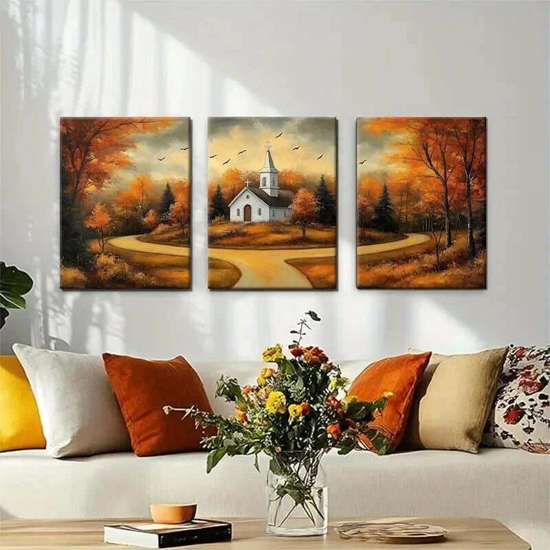 3pcs Autumn Church Landscape Rustic Perfect Wall Art Set Canvas Framed 50x70cm - High Quality Print 100% Australian Made Wall Canvas Ready to Hang
