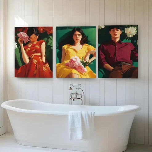 3pcs Young Couple with Flowers Vibrant Wall Art Canvas Unframed - High Quality Print 100% Australian Made Wall Canvas