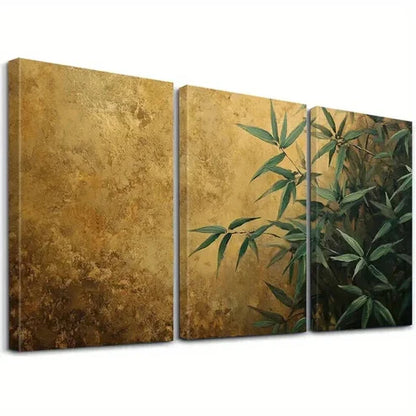 3pcs Green Leaves on Golden Background Art Set Canvas Unframed - High Quality Print 100% Australian Made Wall Canvas