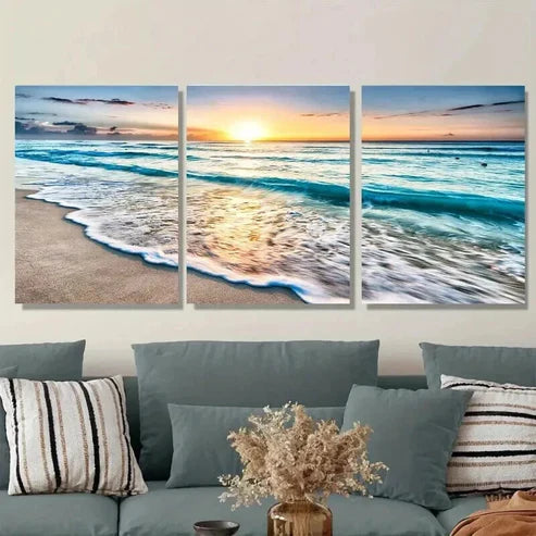 3pcs Beach Sunset Vibrant Sunset & Waves Wall Art Set Canvas Unframed - High Quality Print 100% Australian Made Wall Canvas - Bella Home Decor