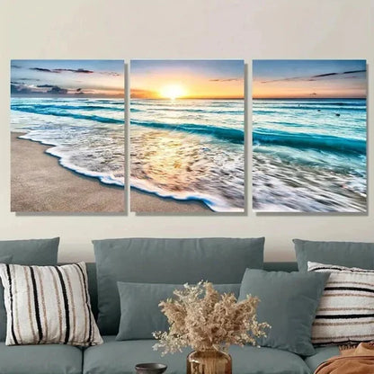 3pcs Beach Sunset Vibrant Sunset & Waves Wall Art Set Canvas Unframed - High Quality Print 100% Australian Made Wall Canvas - Bella Home Decor