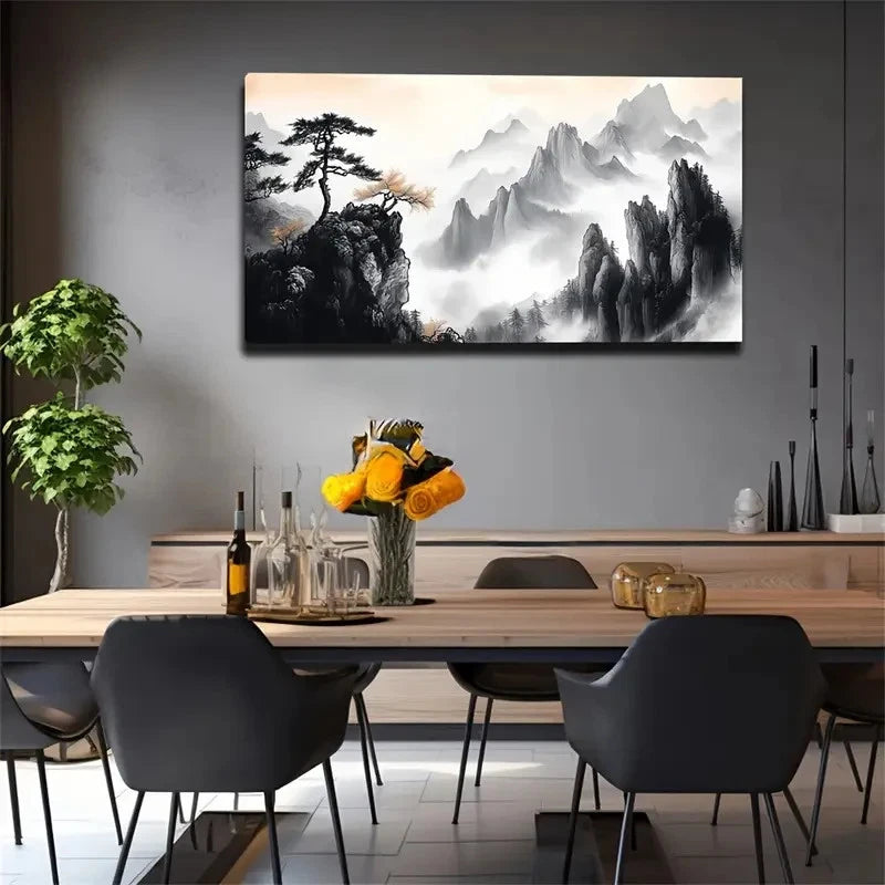 Branches & Misty Mountains Wall Art Canvas Office Home Room Framed 120x60cm