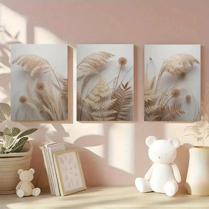 3pcs Botanical Pampas Grass & Dried Floral Metal Print Ready to Hang Art - Bella Home Decor