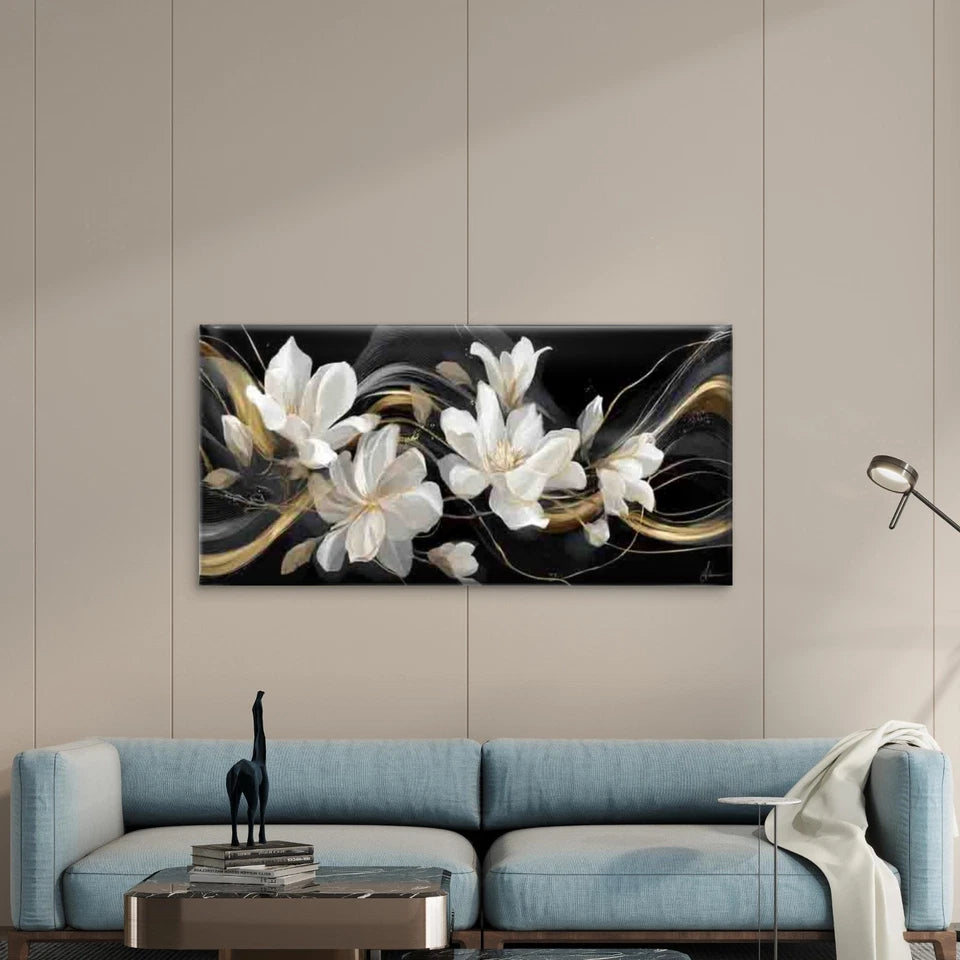 White & Golden Leaf Flower Wall Art Canvas Office Home Room Framed 120x60cm - Bella Home Decor