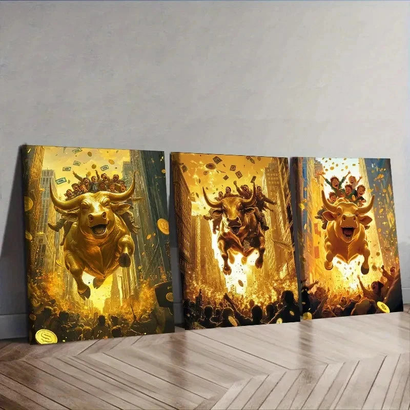 3pcs A golden bull Wall Art Set Canvas Framed 60x90cm - High Quality Print 100% Australian Made Wall Canvas Ready to Hang - Bella Home Decor