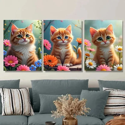 3pcs Charming Cat Trio Vibrant Floral Background Wall Art Set Canvas Unframed - High Quality Print 100% Australian Made Wall Canvas - Bella Home Decor