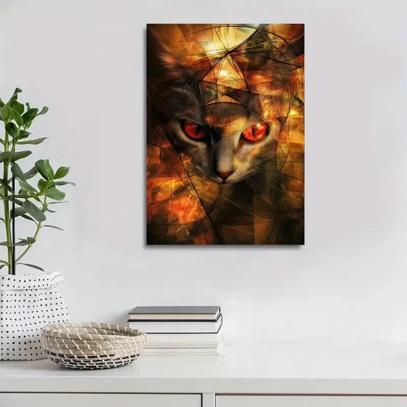 Beautiful Abstract Art a Modern Red Eyed Cat Painting 40x60cm Metal Print Ready to Hang - Bella Home Decor