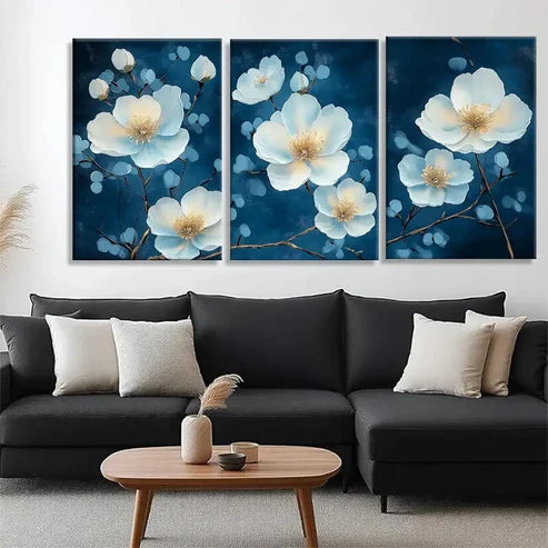3pcs Stylish White Blossoms on Deep Blue Perfect Wall Art Canvas Unframed - High Quality Print 100% Australian Made Wall Canvas