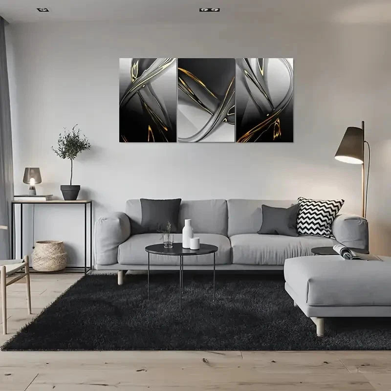 3pcs Abstract Black White and Golden Metal Print Ready to Hang Art - Bella Home Decor