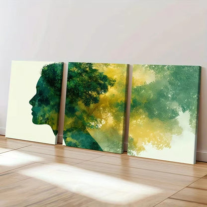 3pcs Profile Silhouette, Green Leaves   Wall Art Set Canvas Framed 40x60cm - High Quality Print 100% Australian Made Wall Canvas Ready to Hang