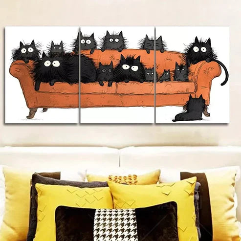 3pcs Art Deco Modern Black Cats on Couch Wall Art Canvas Unframed - High Quality Print 100% Australian Made Wall Canvas - Bella Home Decor