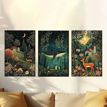 3pcs Tropical jungle Moon Sun and whale deer Wall Art Set Canvas Framed 60x90cm - High Quality Print 100% Australian Made Wall Canvas Ready to Hang