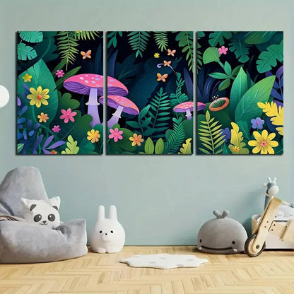 3pcs Floral and Mushroom Vibrant Botanical Metal Print Ready to Hang Art