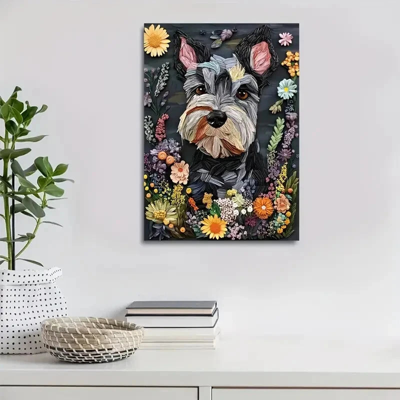Cute Schnauzer Dog with Vibrant Flowers Painting 40x60cm Metal Print Ready to Hang - Bella Home Decor