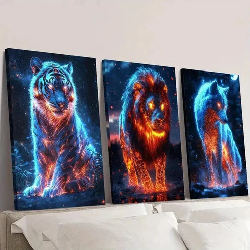 3pcs Burning Tiger Lion and Wolf Illustration Wall Art Canvas Unframed - High Quality Print 100% Australian Made Wall Canvas - Bella Home Decor