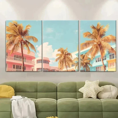 3pcs Pastel Deco And Palm Trees Mount Wall Art Set Canvas Unframed - High Quality Print 100% Australian Made Wall Canvas