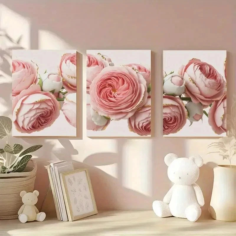 3pcs Artwork Pink Rose Floral Decor Metal Print Ready to Hang Art - Bella Home Decor