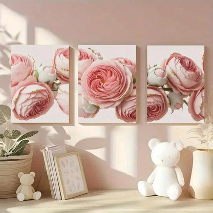 3pcs Artwork Pink Rose Floral Decor Metal Print Ready to Hang Art - Bella Home Decor