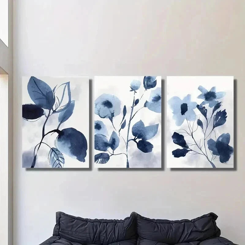 3pcs Botanical Navy Blue Flowers & Leaves Wall Art Set Canvas Framed 50x70cm - High Quality Print 100% Australian Made Wall Canvas Ready to Hang