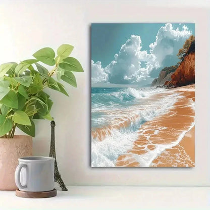 Beautiful Ocean Waves Cloudy Blue Skies Painting 40x60cm Metal Print Ready to Hang