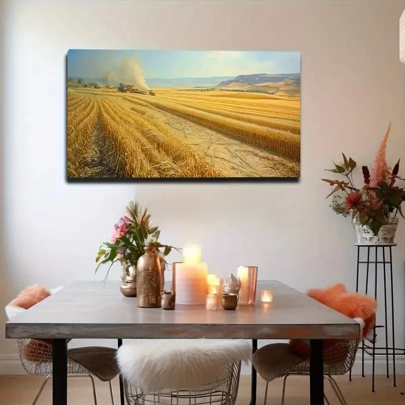 Vibrant Wheat Field Harvesting Wall Art Canvas Office Home Room Framed 120x60cm