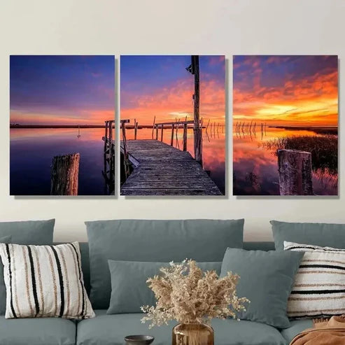3pcs Sunset Dock Triptych Paintings Wall Art Set Canvas Unframed - High Quality Print 100% Australian Made Wall Canvas