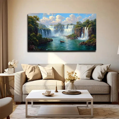Serene Waterfall River Boat Wall Art Canvas Office Home Room Framed 120x60cm