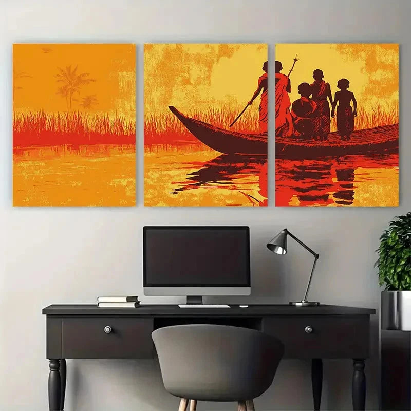3pcs Traditional Boat Scene Palm Tree Prefect  Wall Art Set Canvas Framed 40x60cm - High Quality Print 100% Australian Made Wall Canvas Ready to Hang