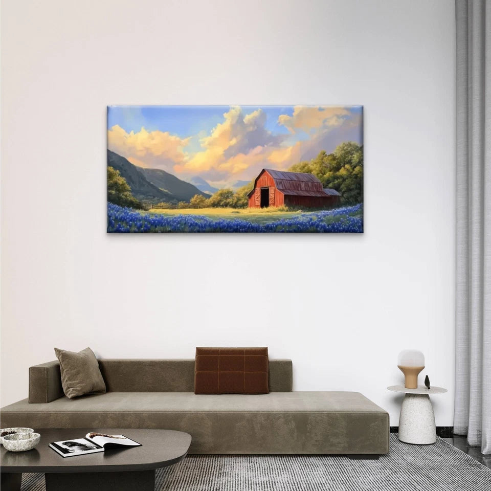 Red Barn Lambang Field Flowers Wall Art Canvas Office Home Room Framed 120x60cm