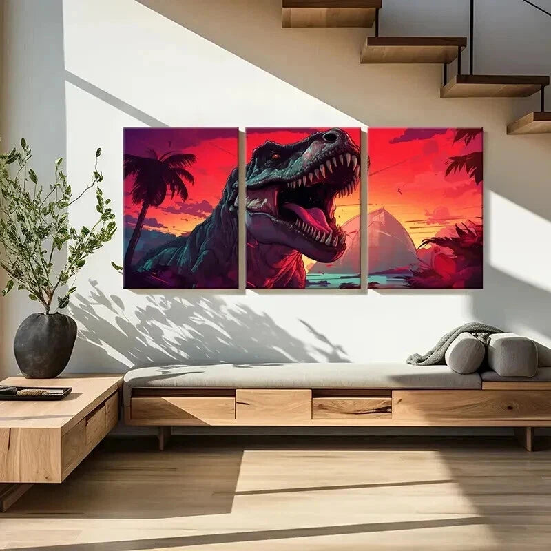 3pcs Vibrant T-Rex & Prehistoric Jungle Scene Wall Art Set Canvas Framed 40x60cm - High Quality Print 100% Australian Made Wall Canvas Ready to Hang - Bella Home Decor