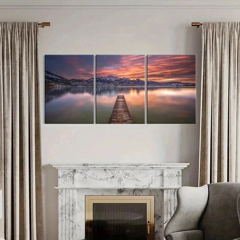 3pcs Landscape with Sunset Mountains & Lakes Wall Art Set Canvas Framed 40x60cm - High Quality Print 100% Australian Made Wall Canvas Ready to Hang - Bella Home Decor