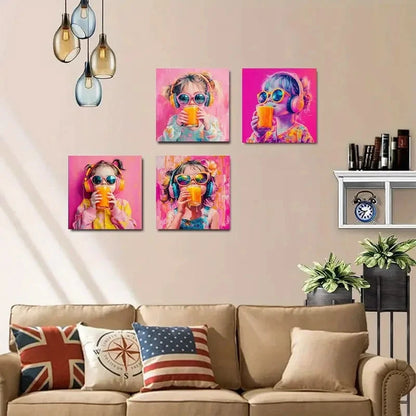 4pcs Vibrant Girl Drinking Juice Wall Art Canvas Framed