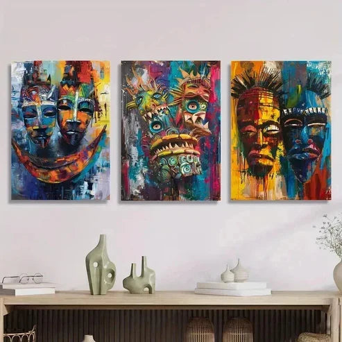 3pcs Abstract Masks Vibrant African Face  Set Canvas Unframed - High Quality Print 100% Australian Made Wall Canvas - Bella Home Decor