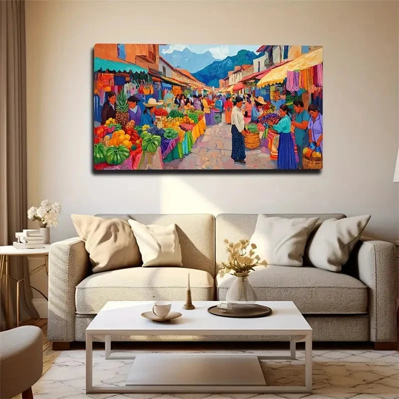 Vibrant Market Scene Colorful Wall Art Canvas Office Home Room Framed 120x60cm