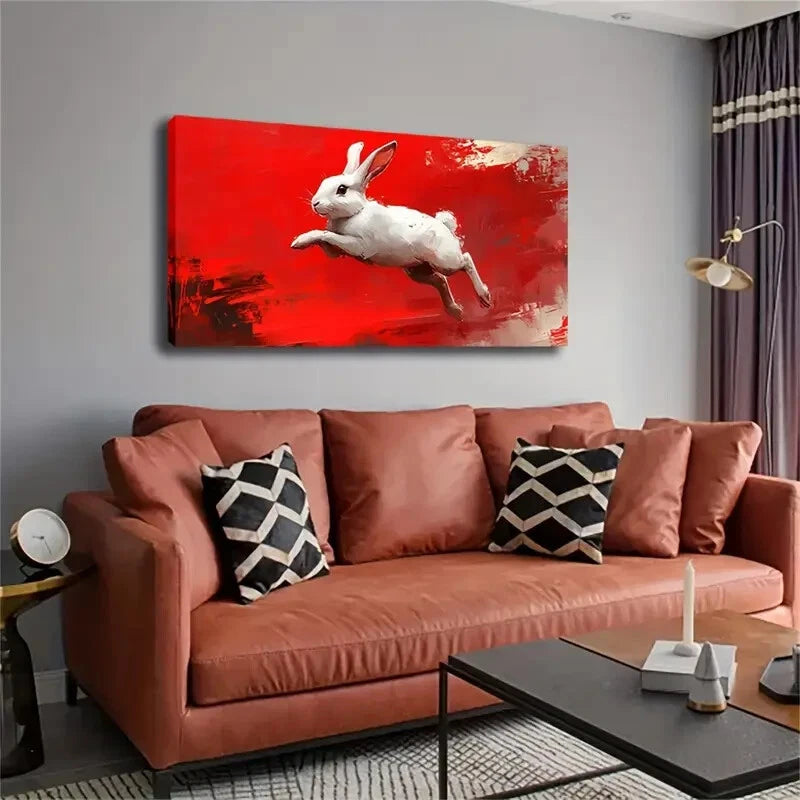 White Rabbit Dynamic Jump Red Wall Art Canvas Office Home Room Framed 120x60cm - Bella Home Decor