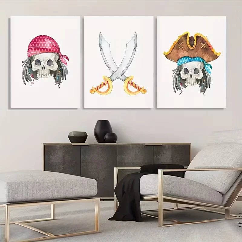 3pcs Pirate Skulls And Crossed Swords   Wall Art Set Canvas Framed 50x70cm - High Quality Print 100% Australian Made Wall Canvas Ready to Hang