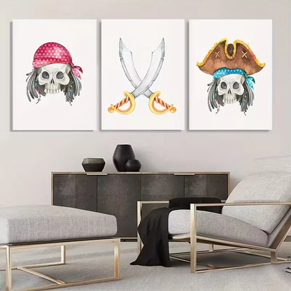 3pcs Pirate Skulls And Crossed Swords   Wall Art Set Canvas Framed 50x70cm - High Quality Print 100% Australian Made Wall Canvas Ready to Hang