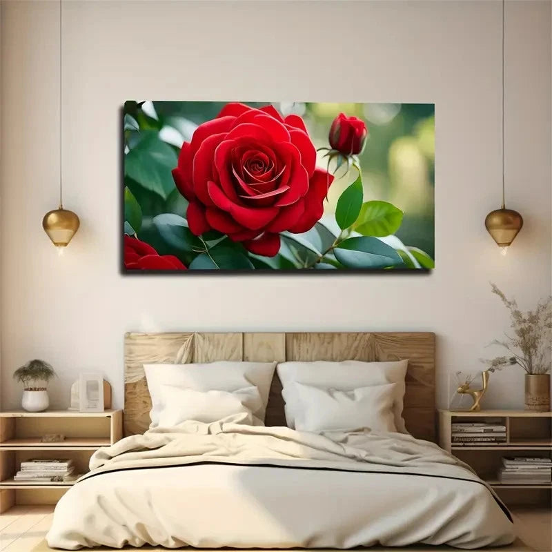 Blooming Deep Red Rose Wall Art Canvas Office Home Room Framed 120x60cm