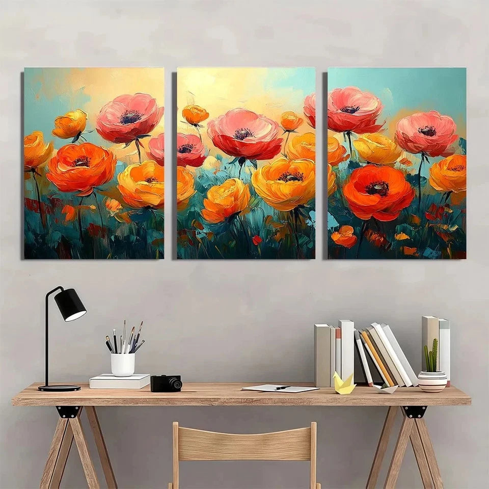 3pcs Vibrant Floral Abstract Oil Painting Wall Art Set Canvas Framed 50x70cm - High Quality Print 100% Australian Made Wall Canvas Ready to Hang