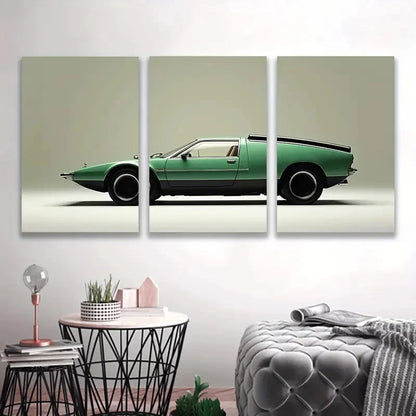 3pcs 1969 De Tomaso Mangusta Green & Black Car   Wall Art Set Canvas Framed 40x60cm - High Quality Print 100% Australian Made Wall Canvas Ready to Hang - Bella Home Decor
