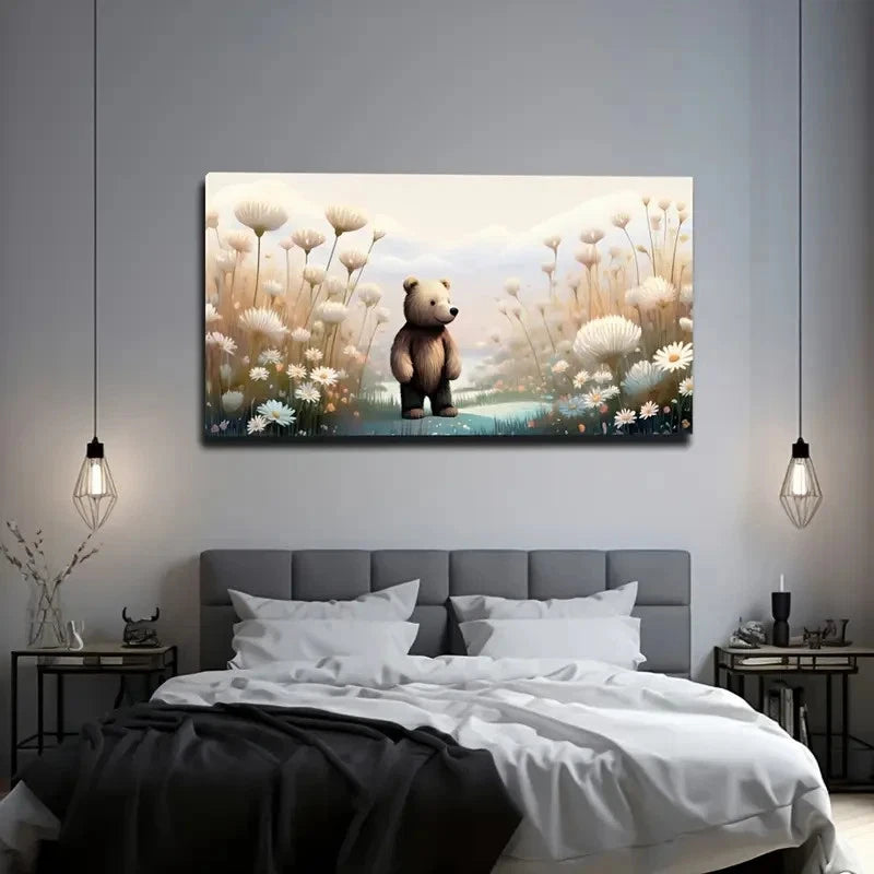 Teddy Bear In White Wildflowers Wall Art Canvas Office Home Room Framed 120x60cm