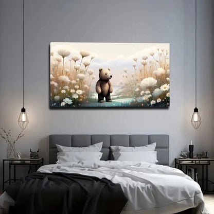 Teddy Bear In White Wildflowers Wall Art Canvas Office Home Room Framed 120x60cm