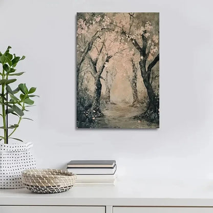 Beautiful Vibrant Peach Tree Forest Scene Painting 40x60cm Metal Print Ready to Hang