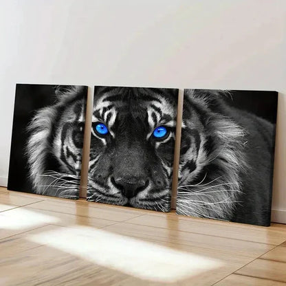 3pcs Gray Tiger Portrait with Blue Eyes Wall Art Canvas Unframed - High Quality Print 100% Australian Made Wall Canvas