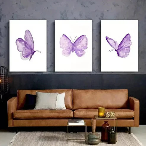3pcs Butterfly Wall Art Set- Vibrant Purple Canvas Framed 60X90cm - High Quality Print 100% Australian Made Wall Canvas Ready to Hang - Bella Home Decor