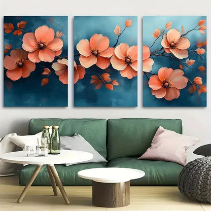 3pcs Boho Flowers in Blue Background Design Wall Art Set Canvas Framed 50x70cm - High Quality Print 100% Australian Made Wall Canvas Ready to Hang - Bella Home Decor