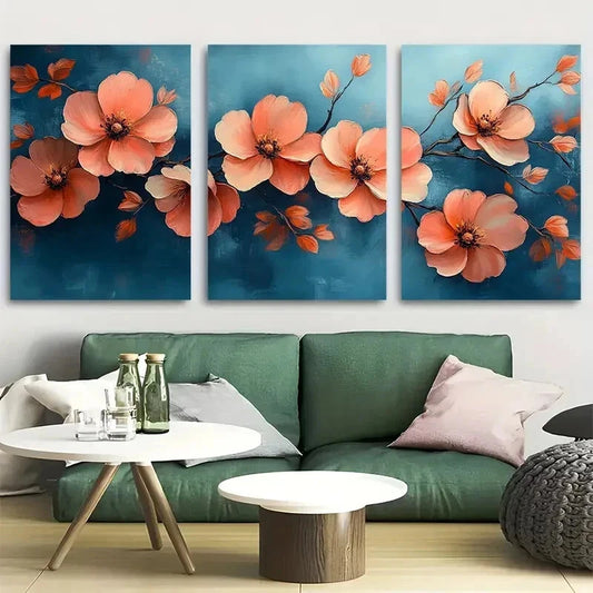 3pcs Boho Flowers in Blue Background Design Wall Art Set Canvas Framed 50x70cm - High Quality Print 100% Australian Made Wall Canvas Ready to Hang - Bella Home Decor