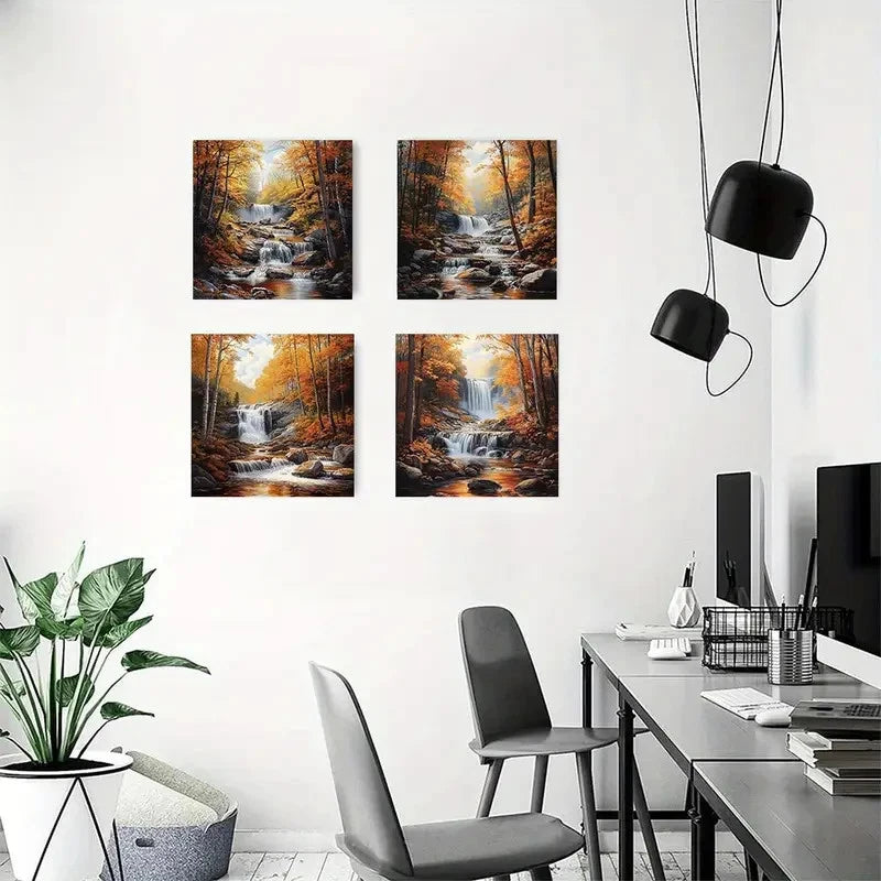 4pcs Autumn Forest with WaterfallWall Art Canvas Framed
