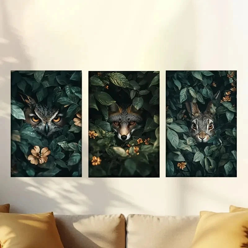 3pcs Owls in the woods, foxes rabbits Wall Art Set Canvas Framed 60x90cm - High Quality Print 100% Australian Made Wall Canvas Ready to Hang